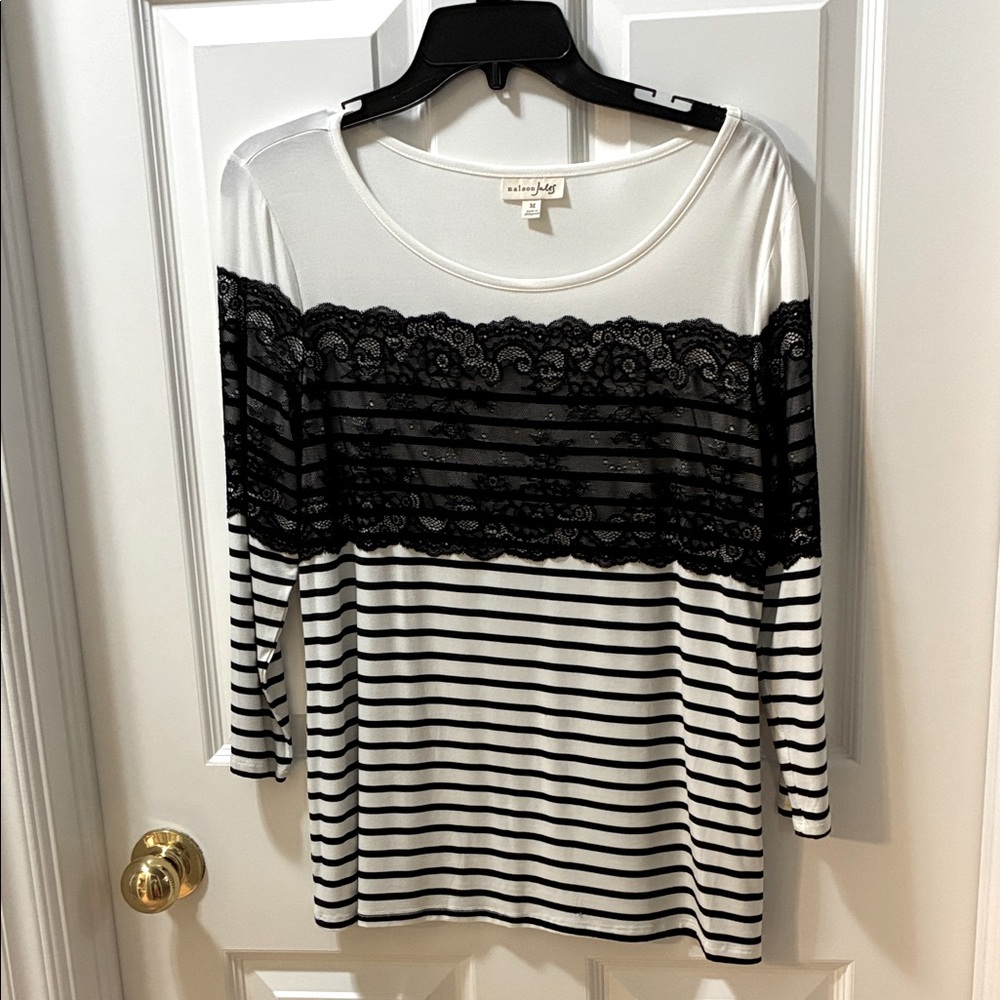 Maison Jules Black and White Lace Striped Blouse